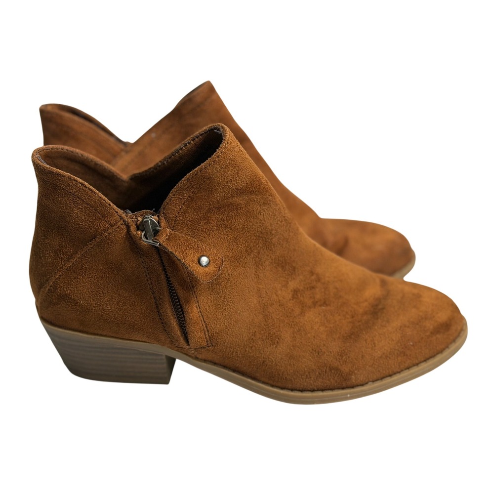 SO Ankle Boots Cognac Brown Suede Side Zip Block Heel Casual Booties 7 Women